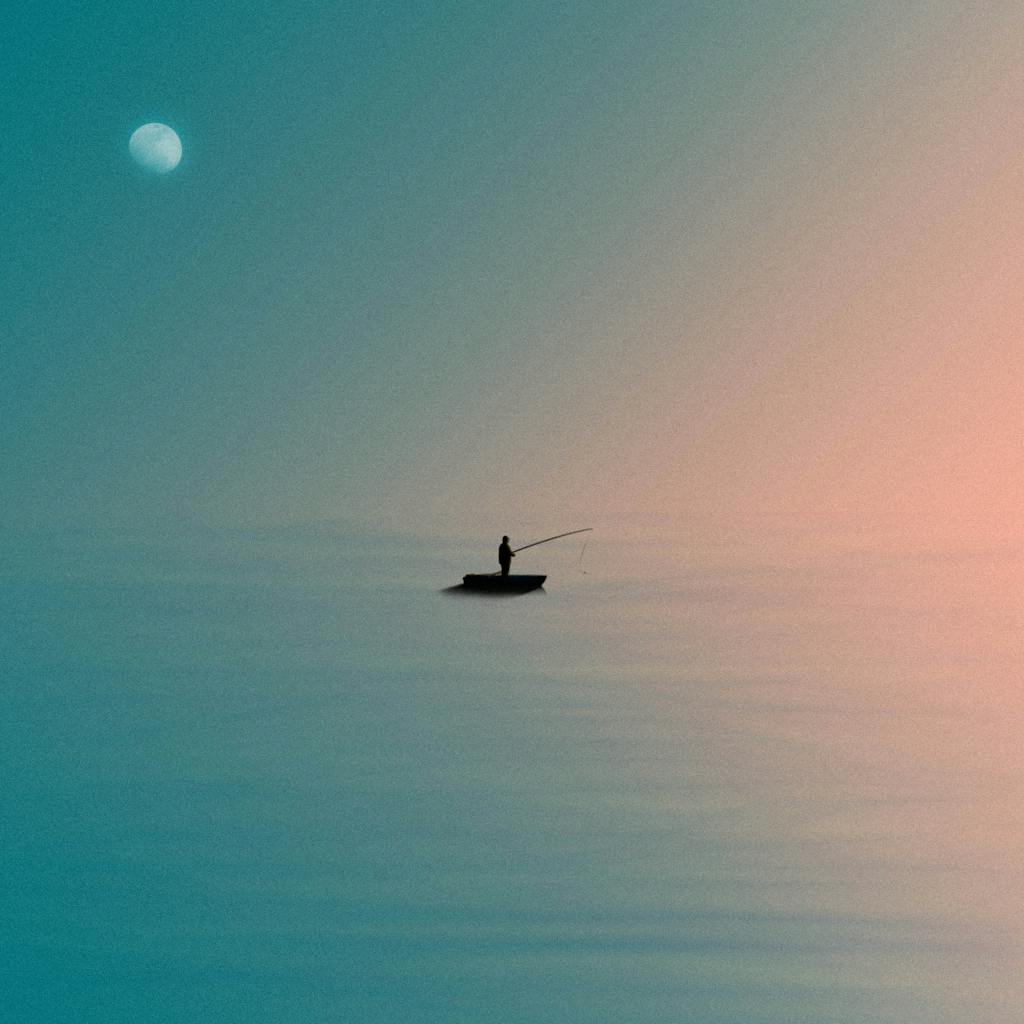 A lone fisherman silhouettes against a vivid, gradient sky under the moonlight.